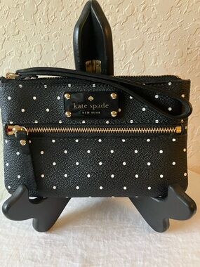kate spade Black and White Polka Dot Wristlet with Gold Hardware